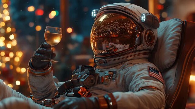 An astronaut in a space suit relaxes in a modern chair holding a wine glass, surrounded by glowing festive Christmas lights and decorations, futuristic holiday celebration, relaxation, and imagination
