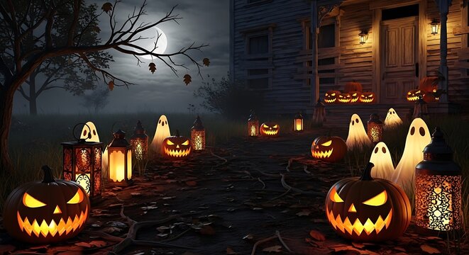 Spooky Halloween Night - Jack-o-Lanterns and Ghosts in the Moonlight.