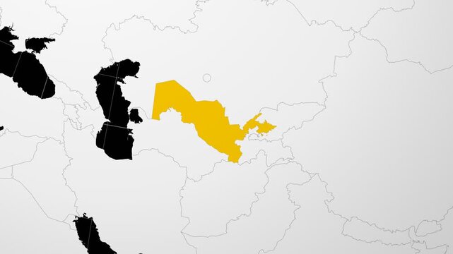 Uzbekistan map. Animated zoom into the country on the Globe in Black White color palette. Country logo animation. Map with meridians, parallels. Awesome video.