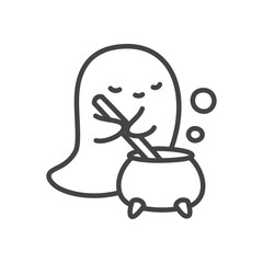 Cute wizard ghost icon. Funny little spirit mixing potion in a boiling cauldron, magical design. Monochrome doodle illustration isolated on white background. Kawaii halloween sticker. Vector 10 EPS.