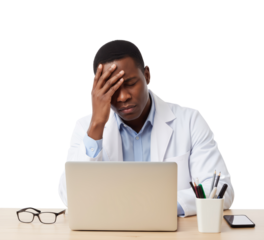 Frustrated professional experiencing burnout at workspace against a serene backdrop