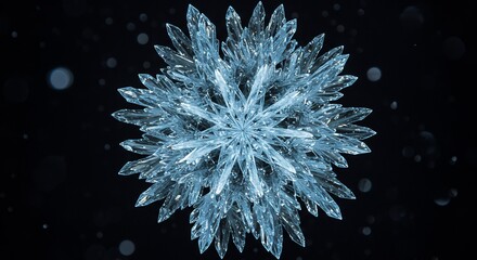 A detailed view of a sixsided ice crystal formation against a dark background with floating blurred specks