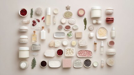 A flat lay arrangement of various skincare products, including creams, oils, and serums, displayed on a neutral background with natural elements like leaves and berries.