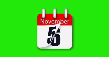 Calendar for November on green background, flipping through the days of the month. Pages fall out of the calendar. Animation of changing dates. Chroma key. 4k graphic movement