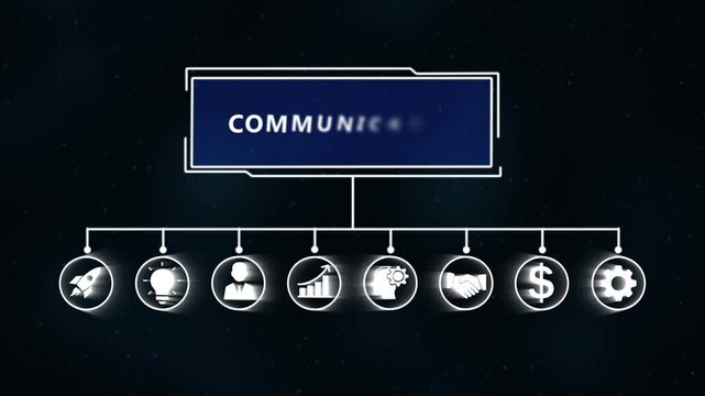 Animated business strategy framework with conceptual icons on a dark background