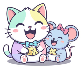 Cartoon Cat and Mouse Enjoying Cheese Together in Harmony.