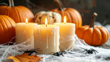 Spooky Halloween atmosphere with burning candles, pumpkins, and spider webs creates a chilling yet inviting scene for festive fall celebrations
