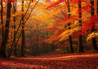 Fototapeta premium Vibrant Autumn Forest Path with Golden and Red Leaves.