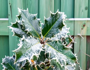 Frosty holly leaves against a teal wooden fence