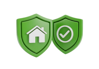 3d illustration of two green shields, one with a house icon and the other with a checkmark, symbolizing home security and approval, isolated on transparent background on transparent background