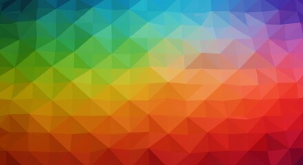 A geometric abstract design comprised of triangular shapes in a gradient of rainbow colors