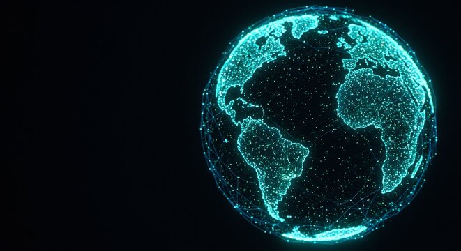 A digital glowing globe of Earth against a black background with connected points