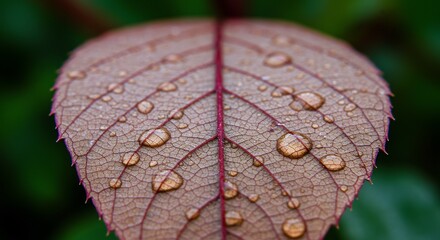 A closeup of a leaf with water droplets brown with red veins and spiky edges set against a blurred background