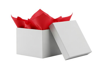 3d illustration of an open white gift box with vibrant red tissue paper spilling out, isolated on transparent background on transparent background