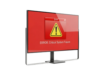 3d illustration of computer screen showing a critical system error message with a warning icon, isolated on transparent background on transparent background