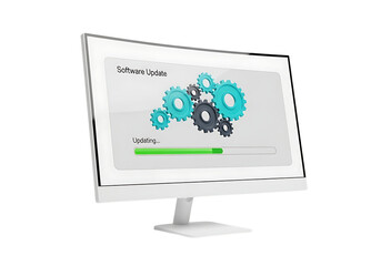 3d illustration of computer monitor displaying gears and a loading bar, symbolizing system update or process, isolated on transparent background on transparent background
