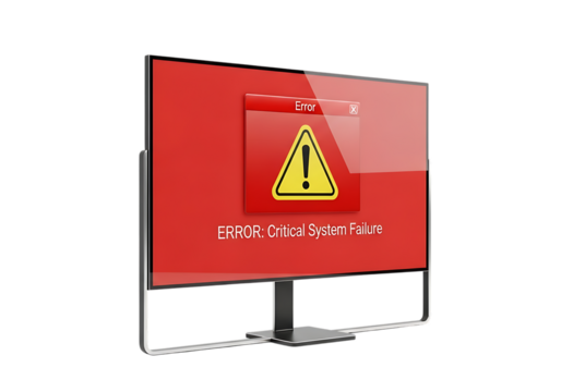 3d illustration of computer screen showing a critical system error message with a warning icon, isolated on transparent background on transparent background