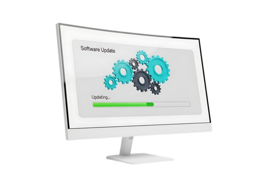 3d illustration of computer monitor displaying gears and a loading bar, symbolizing system update or process, isolated on transparent background on transparent background