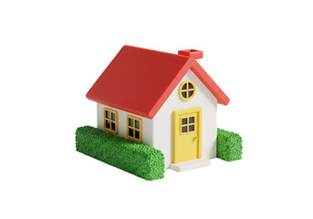 3d illustration of a charming miniature toy house with a red roof, white walls, yellow door, and green hedges, isolated on a transparent background on transparent background