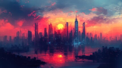 Naklejka premium Futuristic city sunset cityscape reflection