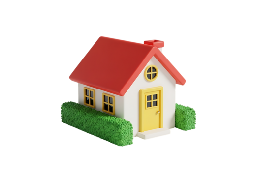 3d illustration of a charming miniature toy house with a red roof, white walls, yellow door, and green hedges, isolated on a transparent background on transparent background