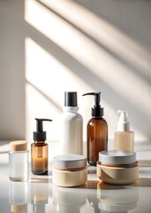 Assortment of Skincare Bottles and Jars with Dramatic Sunlight Shadows cosmetic beauty