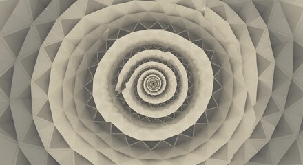 A spiraling design features gray triangular shapes radiating inwards Background is a solid light tan color