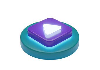 3d illustration of a vibrant purple play button icon with a white triangle symbol, set on a teal circular base, glowing with light, isolated on transparent background on transparent background