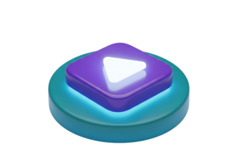 3d illustration of a vibrant purple play button icon with a white triangle symbol, set on a teal circular base, glowing with light, isolated on transparent background on transparent background