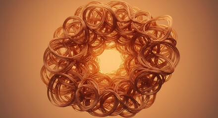 A swirling mass of bronzecolored looped wire forming a central opening against an orange gradient background