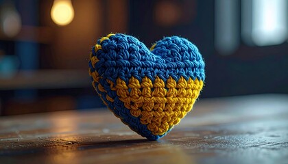 Blue and Yellow Knitted Heart on Polished Wooden Surface with Blurred Background