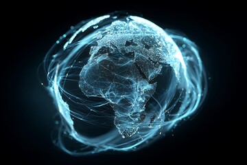 A glowing digital globe with africa visible and swirling blue energy on a dark black background