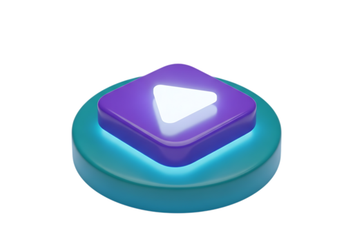 3d illustration of a vibrant purple play button icon with a white triangle symbol, set on a teal circular base, glowing with light, isolated on transparent background on transparent background