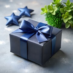 Dark Blue Gift Box Tied With Satin Ribbon and Decorative Stars present navy