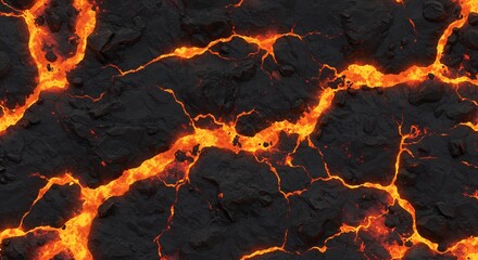 A textured surface of black rock with glowing orange lava veins