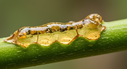 A translucent ambercolored gelatinous substance possibly an insect egg mass rests on a green stem