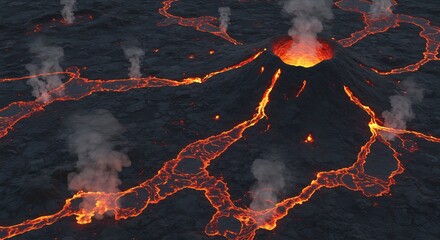 A volcanic landscape features a central cone emitting smoke surrounded by flowing lava channels and steam vents