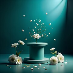 Teal Pedestal with White Flowers and Floating Petals in Soft Spotlight display stand
