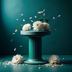 Teal Pedestal Display with White Chrysanthemums and Falling Petals stand turquoise