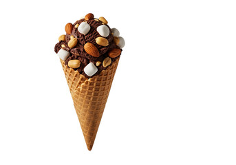 3d illustration of a delicious chocolate ice cream cone topped with nuts and marshmallows, isolated on transparent background on transparent background