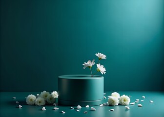 Teal Pedestal with White Flowers and Petals on Teal Surface cylinder vase