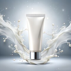 White Cosmetic Cream Tube Surrounded by Splashing Milk on a Light Background skincare beauty