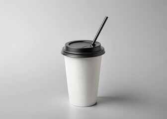 White Paper Coffee Cup with Black Lid and Straw on a Light Gray Background paper cup disposable cup