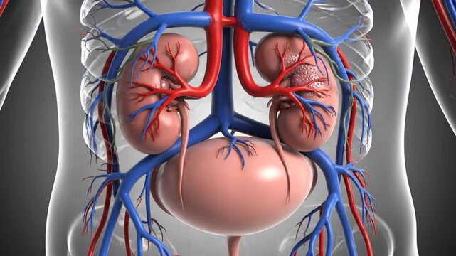 3D Render of Human Kidneys and Bladder System with Arteries and Veins on Transparent Background Explaining Renal Anatomy And Urinary Tract Visualization for Medical Illustration