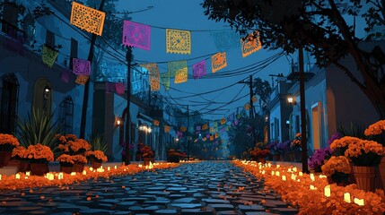 Obraz premium Day of the dead street celebration with candles and papel picado banners illustration