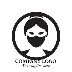Elegant Woman Wearing Mask Logo Symbol in Black on White Background with Minimalist Modern Design