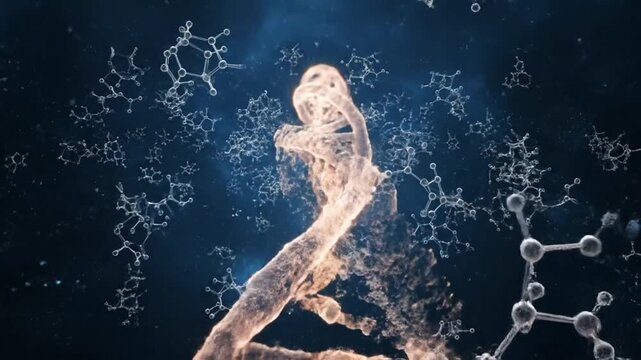 Abstract Animation of a DNA Strand with Molecular Structures in a Blue Background for Scientific Research and Pharmaceutical Advertising Purposes for Innovation and Progress 3D Render