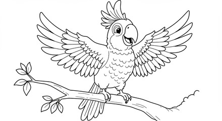 Obraz premium A cartoon parrot on a branch with open wings detailed outline