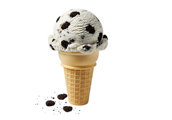 3d illustration of a scoop of cookies and cream ice cream in a waffle cone, with cookie crumbles scattered around, isolated on a transparent background on transparent background