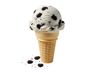 3d illustration of a scoop of cookies and cream ice cream in a waffle cone, with cookie crumbles scattered around, isolated on a transparent background on transparent background